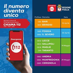 Numero Unico di Emergenza Europeo 1-1-2: dal 30 aprile sarà attivo nei distretti telefonici di Foggia e San Severo