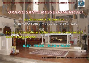 Basilica-Santuario del Padre Maestro: ritorna la Messa delle 11.30 da domenica 28 agosto 